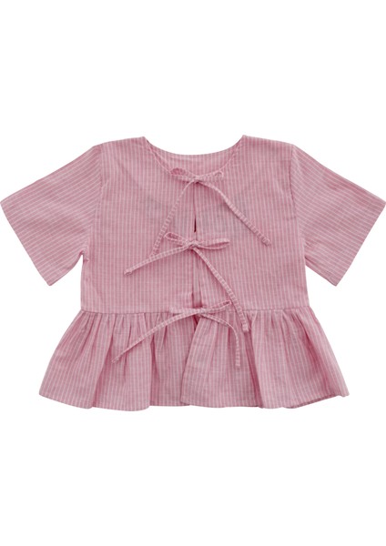 Bows In Pink Pembe Çizgili Balon Kollu Fiyonklu ve Nakışlı Kız Çocuk Pijama Üstü