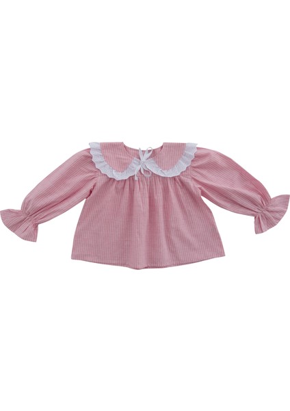 Ruffles Pembe Çizgili Beyaz Fırfır ve Kurdeleli Bebe Yaka Detaylı Kız Çocuk Pijama Üstü