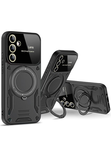 Samsung Galaxy S24 Fe ile Uyumlu Kılıf Joy Joy Stand Olabilen Lens Korumalı 360° Derece Dönen Halak Yüzük Aparatlı Kapak Kırmızı
