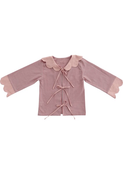 Scallop Pembe Lila Çizgili Dilimli Bebe Yakalı Gömlek Kız Çocuk Pijama Üstü