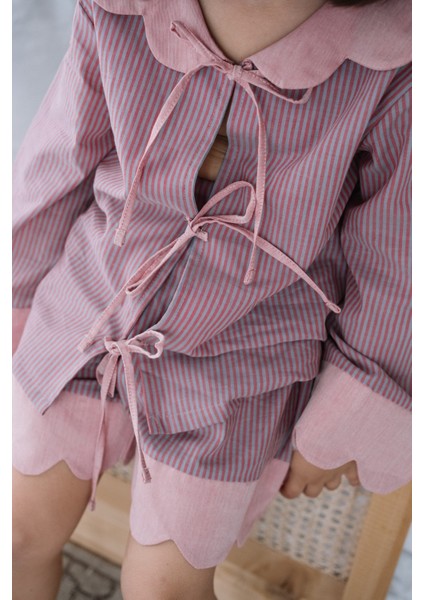 Scallop Pembe Lila Çizgili Dilimli Bebe Yakalı Şort Kız Çocuk Pijama Altı