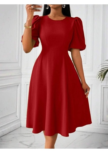 Kadın Kısa Balon Kollu Bisiklet Yaka Kiloş Janjan Krep Elbise