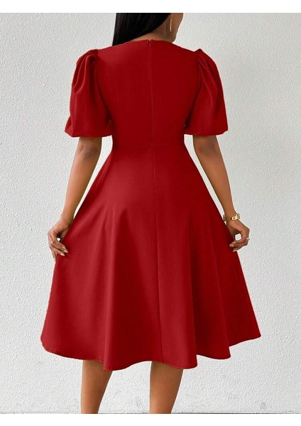Kadın Kısa Balon Kollu Bisiklet Yaka Kiloş Janjan Krep Elbise fiyatları