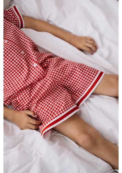 Check Kırmızı Ekoseli ve Beyaz Paça Detaylı Erkek Çocuk Pijama Altı