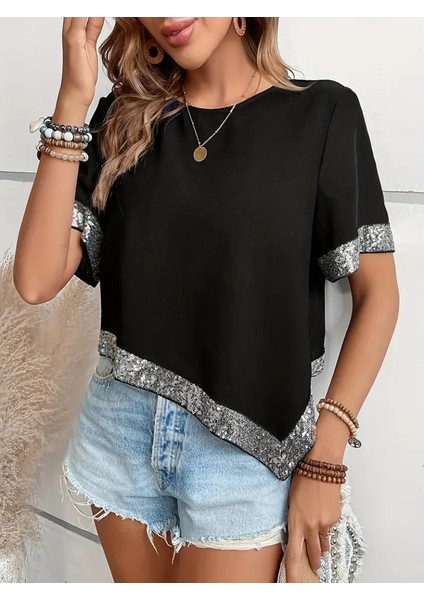 Kadın Kısa Kollu Bisiklet Yaka Asimetrik Kesim Detaylı Pul Payetli Krep Bluz indirimleri