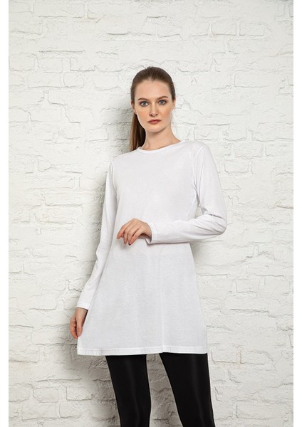 Kadın Beyaz Renkli Uzun Kol Pamuklu Bisiklet Yaka Penye Tunik-Içlik 2022-SLM37