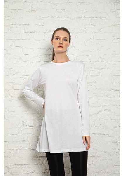 Kadın Beyaz Renkli Uzun Kol Pamuklu Bisiklet Yaka Penye Tunik-Içlik 2022-SLM37 fiyatları
