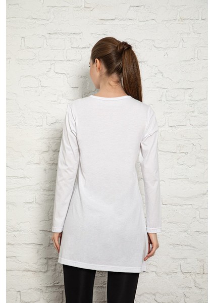 Kadın Beyaz Renkli Uzun Kol Pamuklu Bisiklet Yaka Penye Tunik-Içlik 2022-SLM37 modelleri