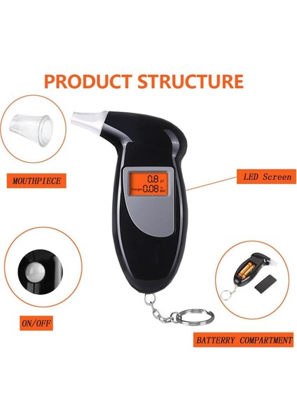 Breathalyzer Alkol Test Cihazı, Taşınabilir Montajlı Darbe Tipi Alkol Dedektörü, Dijital LCD Ekranlı Alkol Test Cihazı (Yurt Dışından)