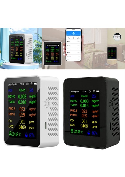 12'si 1 Arada Hava Kalitesi Monitörü Co2 Monitörü Zaman/tarih Göstergeli Wıfı Pm2.5 PM10 Co Co2 Tvoc Hcho Aqı Test Cihazı, Siyah (Yurt Dışından) fiyatları