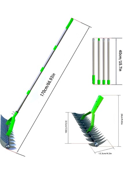 1.7m Çim Saman Tırmığı, Çim Tırmığı, Yaprak Tırmığı, Bahçe Kireç Çözücü Tırmığı, Havalandırıcı, Toprak Tırmığı (Yurt Dışından)