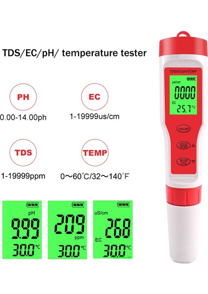 4'ü 1 Arada Dijital Su Kalitesi Dedektörü Ph/tds/ec/temp Çok Fonksiyonlu Test Kalemi (Yurt Dışından)