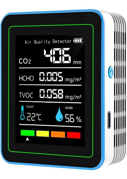 5'i 1 Arada Hava Kalitesi Monitörü Tvoc Hcho Sıcaklık Nem Co2 Ölçer, USB Şarj Edilebilir Co2 Dedektörü Beyaz (Yurt Dışından)