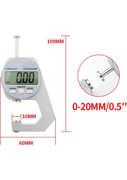 Dijital Ekran Kalınlık Ölçer LCD Mikrometre Metrik Duvar Kalınlığı Ölçüm Araçları 0-20MM Düz Kafa Tarzı (Yurt Dışından)