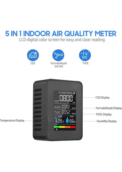 Taşınabilir Hava Kalitesi Monitörü Kapalı Co2 Dedektörü 5 In 1 Formaldehit Hcho Tvoc Test Cihazı LCD Sıcaklık Nem Test Cihazı (Yurt Dışından) fiyatları