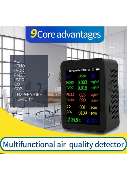 9'u 1 Arada Taşınabilir Hava Kalitesi Ölçer Pm2.5 PM10 Co Co2 Tvoc Hcho Aqı Sıcaklık Nem Test Cihazı Renkli Ekran, Siyah (Yurt Dışından) modelleri