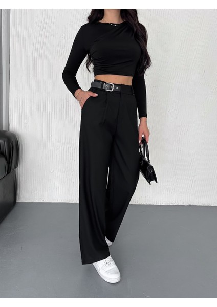 Kadın Beli Tokalı/kemer Detaylı Bol Paça Kumaş Pantolon modelleri