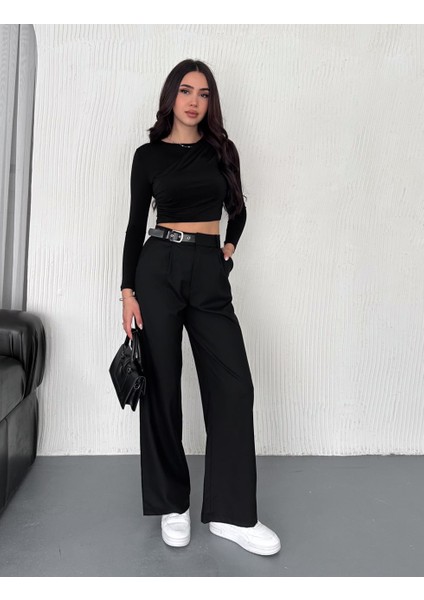 Kadın Beli Tokalı/kemer Detaylı Bol Paça Kumaş Pantolon fırsatları