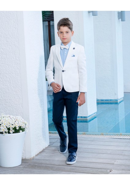 Erkek Çocuk Takım Elbise 4'lü Spor Takım Ceket-Pantolon-Gömlek-Papyon 3-14 Yaş