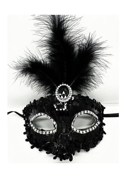 Siyah Renk Payetli Pullu Tüylü Parti Maskesi