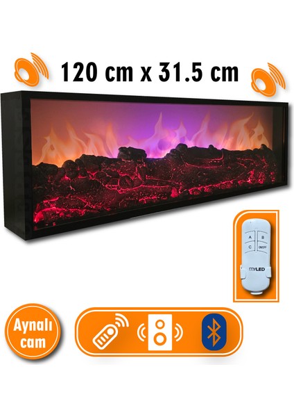 Dekoratif Elektrikli Yapay Şömine - 120 x 31.5 x 16 cm - Farklı Renk Modları,kumandalı, Bluetooth Ses
