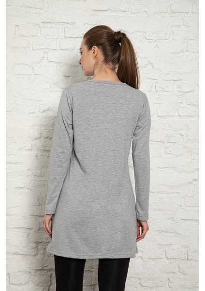 Kadın Gri Renkli Uzun Kol Bisiklet Yaka Penye Tunik SLM33