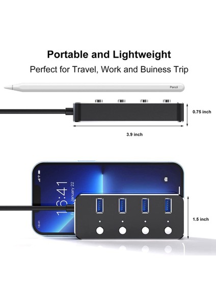 USB 3.0 Güç Adaptörü 4 Bağlantı Noktalı Alüminyum Alaşımlı Splitter Hub USB Hub 3.0 USB Çoklu Genişletici Anahtarı 1.2m Kablo Hub Ab Tak B (Yurt Dışından)