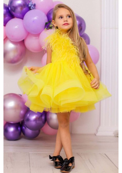 Kız Çocuk Omuzdan Göğse Tüylü Tek Omuz Eteği Kabarık Tüllü Sarı Abiye