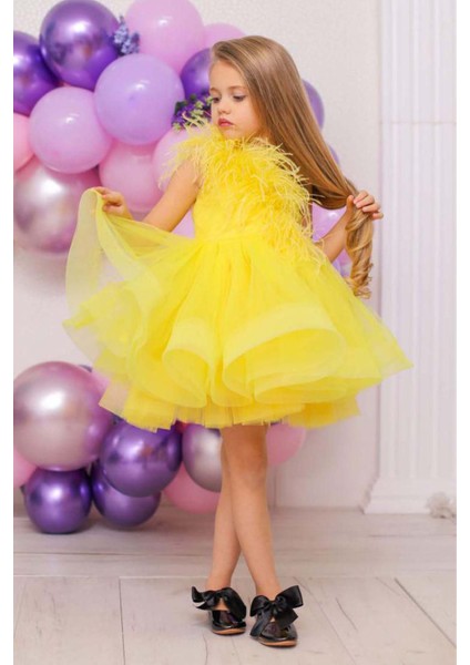 Kız Çocuk Omuzdan Göğse Tüylü Tek Omuz Eteği Kabarık Tüllü Sarı Abiye fiyatları