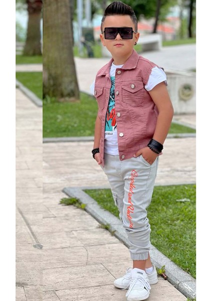 Erkek Çocuk Kaplan Detaylı T-Shirt Sırt Baskılı Kolsuz Pudra Jean Ceket Kargo Cepli Alt Üst Takım fiyatları