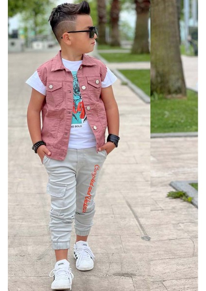 Erkek Çocuk Kaplan Detaylı T-Shirt Sırt Baskılı Kolsuz Pudra Jean Ceket Kargo Cepli Alt Üst Takım modelleri
