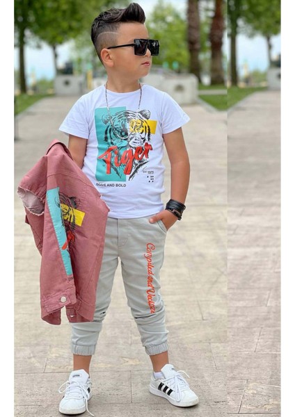 Erkek Çocuk Kaplan Detaylı T-Shirt Sırt Baskılı Kolsuz Pudra Jean Ceket Kargo Cepli Alt Üst Takım fırsatları