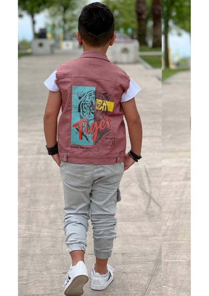 Erkek Çocuk Kaplan Detaylı T-Shirt Sırt Baskılı Kolsuz Pudra Jean Ceket Kargo Cepli Alt Üst Takım indirimleri