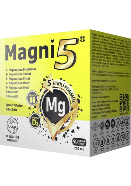 Magnezyum Complex 5 Etkili Form Magni5 3 Aylık 90 Kapsül B6 D3 Vitamini Bisglisinat Malat Taurat Sitrat Oksit