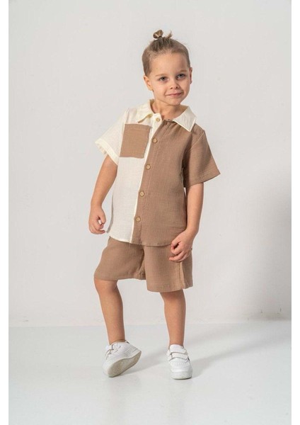 Müslin Kumaş Pamuklu Yazlık Şortlu Erkek Çocuk Takım M00733 Gri