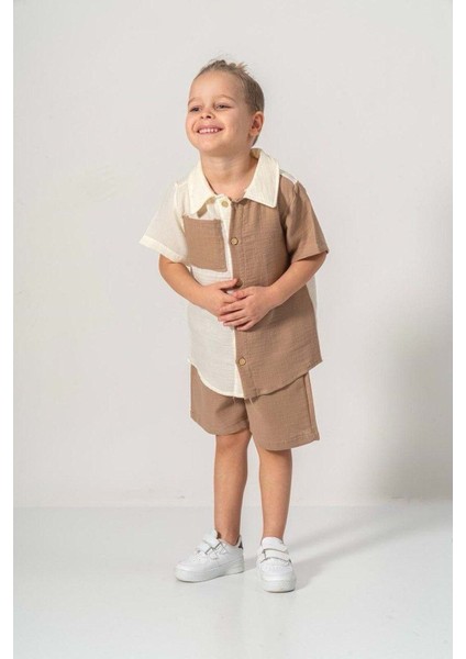 Müslin Kumaş Pamuklu Yazlık Şortlu Erkek Çocuk Takım M00733 Gri fiyatları