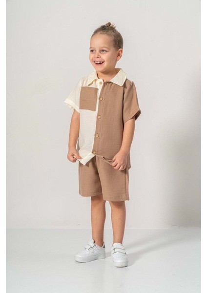 Müslin Kumaş Pamuklu Yazlık Şortlu Erkek Çocuk Takım M00733 Gri modelleri