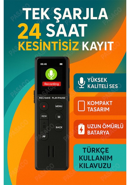 64 GB Premium Yeni Model LED Ekranlı Profesyonel Ses Kayıt Cihazı Okul Ders Not,toplantı Röportaj