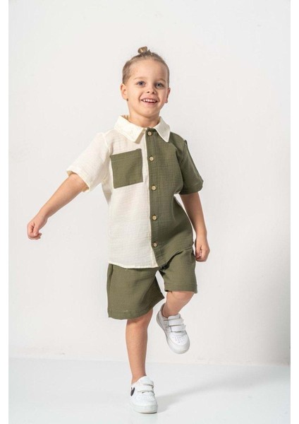 Müslin Kumaş Pamuklu Yazlık Şortlu Erkek Çocuk Takım M00733 Gri