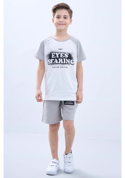 Penye Süprem Baskılı Yazlık Şortlu Takım M00734 Açık Gri