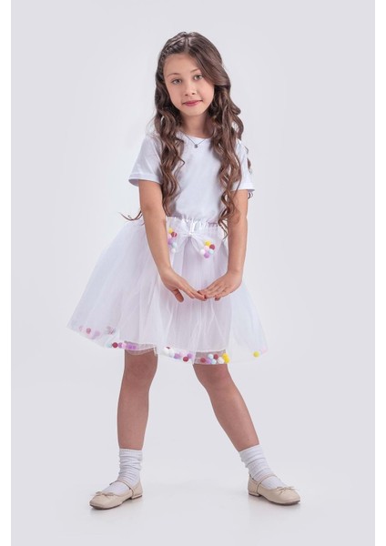 Ponpon Aksesuarlı Bayramlık Kız Çocuk Etek M00726 Beyaz fiyatları