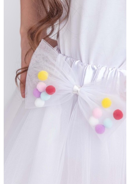 Ponpon Aksesuarlı Bayramlık Kız Çocuk Etek M00726 Beyaz modelleri