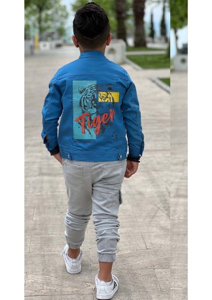 Erkek Çocuk Kaplan Detaylı T-Shirt Sırt Baskılı Mavi Jean Ceket Kargo Cepli Alt Üst Takım modelleri