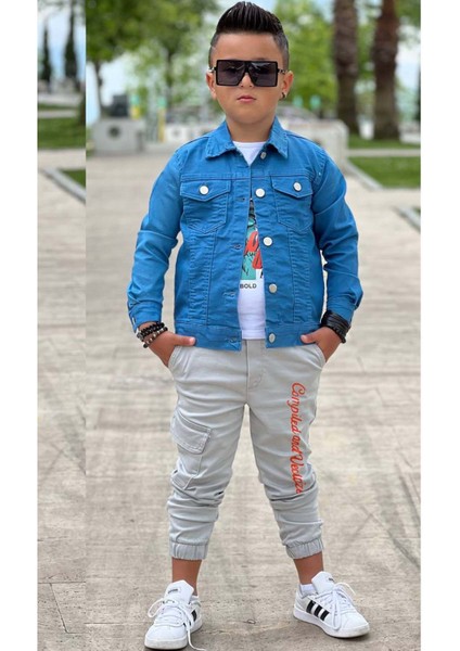 Erkek Çocuk Kaplan Detaylı T-Shirt Sırt Baskılı Mavi Jean Ceket Kargo Cepli Alt Üst Takım fırsatları