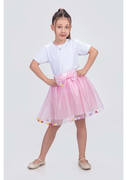 Ponpon Aksesuarlı Bayramlık Kız Çocuk Etek M00726 Pembe