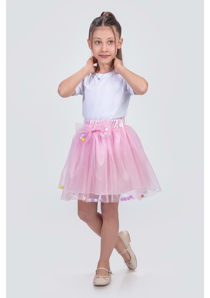 Ponpon Aksesuarlı Bayramlık Kız Çocuk Etek M00726 Pembe modelleri
