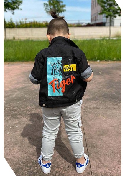 Erkek Çocuk Kaplan Detaylı T-Shirt Sırt Baskılı Siyah Jean Ceket Kargo Cepli Alt Üst Takım fırsatları