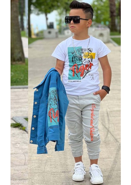 Erkek Çocuk Kaplan Detaylı T-Shirt Sırt Baskılı Mavi Jean Ceket Kargo Cepli Alt Üst Takım