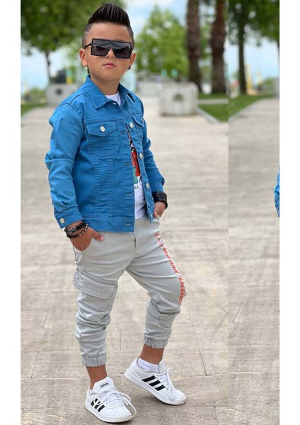 Erkek Çocuk Kaplan Detaylı T-Shirt Sırt Baskılı Mavi Jean Ceket Kargo Cepli Alt Üst Takım fiyatları