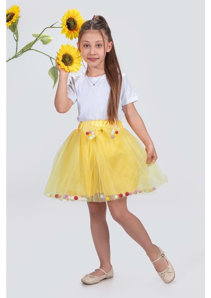 Ponpon Aksesuarlı Bayramlık Kız Çocuk Etek M00726 Sarı